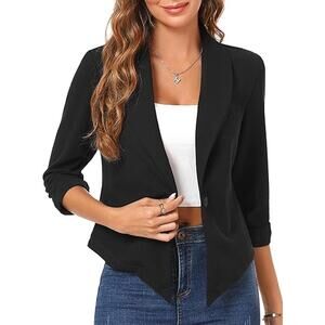 Michael Kors Blazer Jacket Women 4 Angled Hem Ruched Sleeves Lined Black Cotton